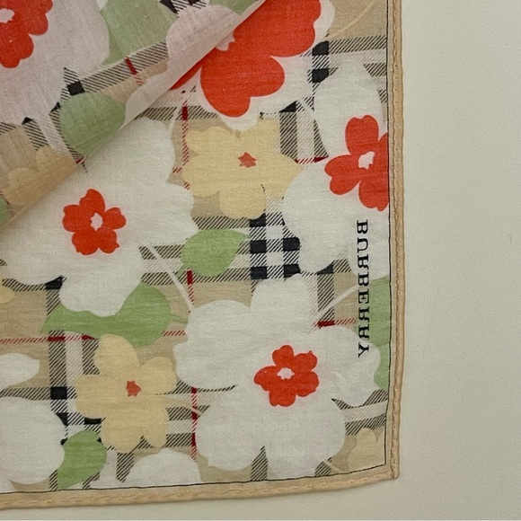Burberry Red and White Floral Check Handkerchief. - Picture 4 of 5